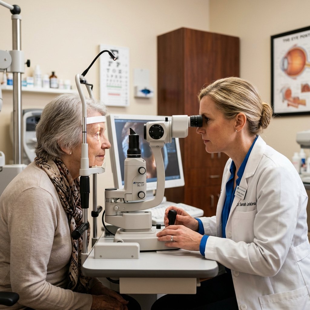 Ophthalmologist examining a patient using a modern slit lamp in a clinical setting.